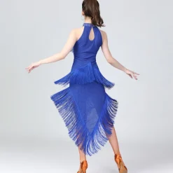 Latin Dance Dress Fringed Tassel Ruching Solid Women's Training Performance Sleeveless High Polyester/Dancing Party Dress