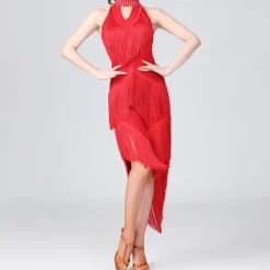 Latin Dance Dress Fringed Tassel Ruching Solid Women's Training Performance Sleeveless High Polyester/Dancing Party Dress