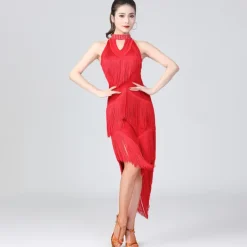 Latin Dance Dress Fringed Tassel Ruching Solid Women's Training Performance Sleeveless High Polyester/Dancing Party Dress
