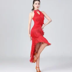 Latin Dance Dress Fringed Tassel Ruching Solid Women's Training Performance Sleeveless High Polyester/Dancing Party Dress