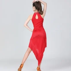 Latin Dance Dress Fringed Tassel Ruching Solid Women's Training Performance Sleeveless High Polyester/Dancing Party Dress