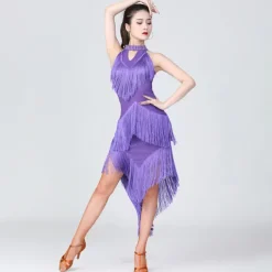Latin Dance Dress Fringed Tassel Ruching Solid Women's Training Performance Sleeveless High Polyester/Dancing Party Dress