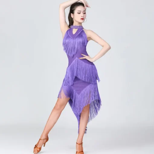 Latin Dance Dress Fringed Tassel Ruching Solid Women's Training Performance Sleeveless High Polyester/Dancing Party Dress