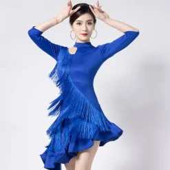 Latin Dance Dress Fringed Tassel Ruching Hollow-out Women's Performance Training Half Sleeve High Polyester