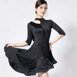Latin Dance Dress Fringed Tassel Ruching Hollow-out Women's Performance Training Half Sleeve High Polyester