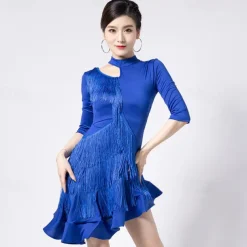 Latin Dance Dress Fringed Tassel Ruching Hollow-out Women's Performance Training Half Sleeve High Polyester