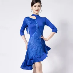 Latin Dance Dress Fringed Tassel Ruching Hollow-out Women's Performance Training Half Sleeve High Polyester