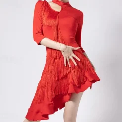 Latin Dance Dress Fringed Tassel Ruching Hollow-out Women's Performance Training Half Sleeve High Polyester