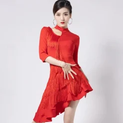 Latin Dance Dress Fringed Tassel Ruching Hollow-out Women's Performance Training Half Sleeve High Polyester