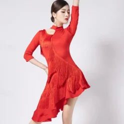 Latin Dance Dress Fringed Tassel Ruching Hollow-out Women's Performance Training Half Sleeve High Polyester