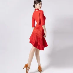 Latin Dance Dress Fringed Tassel Ruching Hollow-out Women's Performance Training Half Sleeve High Polyester