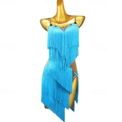 Latin Dance Dress Rhinestone Tassel Women's Girls' Performance Training Sleeveless High Spandex