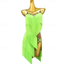 Latin Dance Dress Rhinestone Tassel Women's Girls' Performance Training Sleeveless High Spandex