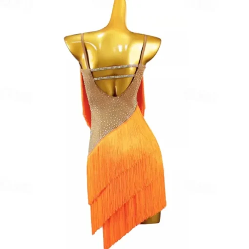 Latin Dance Dress Rhinestone Tassel Women's Girls' Performance Training Sleeveless High Spandex
