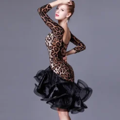 Latin Dance Dress Ruffles Splicing Women's Performance 3/4 Length Sleeve High Crystal Cotton Organza