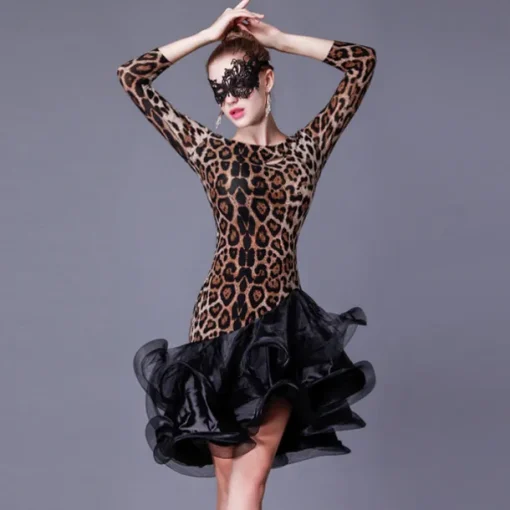 Latin Dance Dress Ruffles Splicing Women's Performance 3/4 Length Sleeve High Crystal Cotton Organza