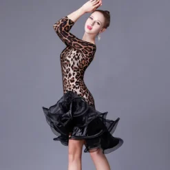 Latin Dance Dress Ruffles Splicing Women's Performance 3/4 Length Sleeve High Crystal Cotton Organza