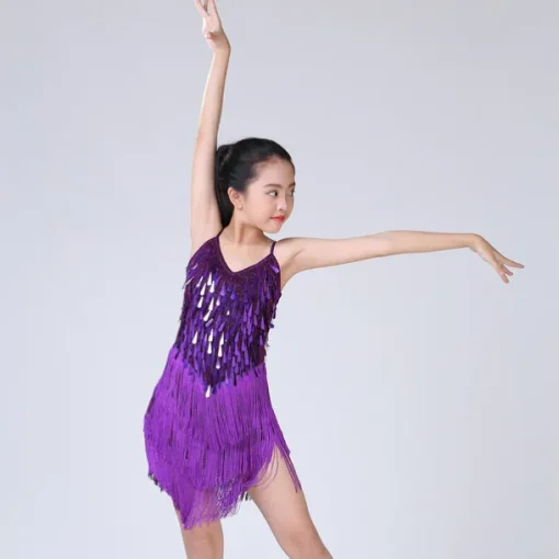 Latin Dance Dress Tassel Tiered Paillette Girls' Performance Training Long Sleeve Polyester