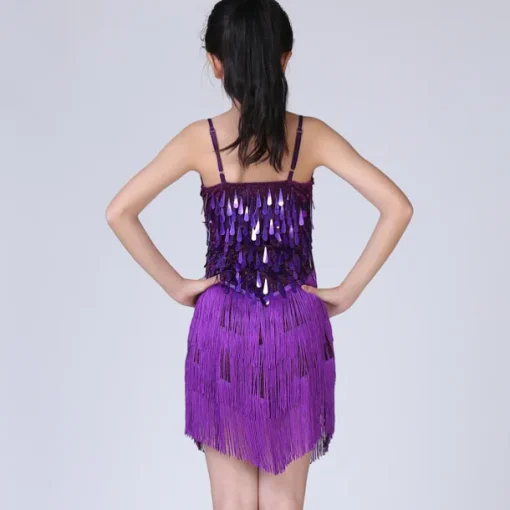 Latin Dance Dress Tassel Tiered Paillette Girls' Performance Training Long Sleeve Polyester