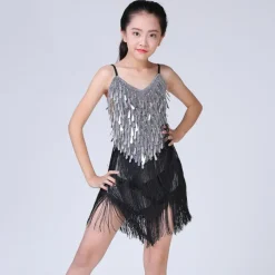 Latin Dance Dress Tassel Tiered Paillette Girls' Performance Training Long Sleeve Polyester