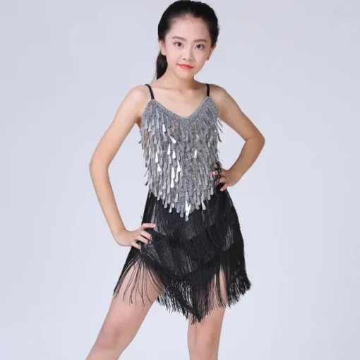 Latin Dance Dress Tassel Tiered Paillette Girls' Performance Training Long Sleeve Polyester