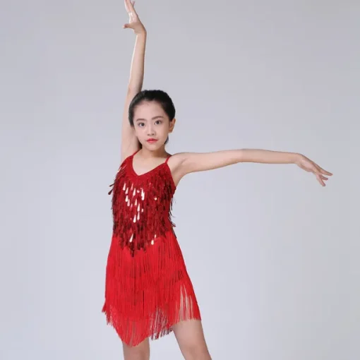 Latin Dance Dress Tassel Tiered Paillette Girls' Performance Training Long Sleeve Polyester