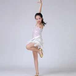 Latin Dance Dress Tassel Tiered Paillette Girls' Performance Training Long Sleeve Polyester