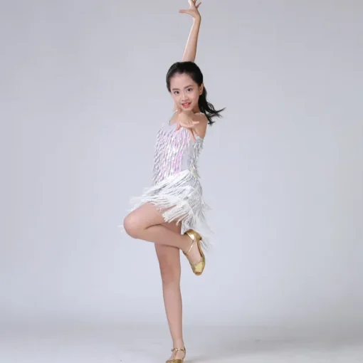 Latin Dance Dress Tassel Tiered Paillette Girls' Performance Training Long Sleeve Polyester