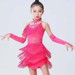 Latin Dance Dress Tassel Side Draping Ruching Girls' Performance Training Sleeveless Polyester