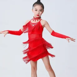 Latin Dance Dress Tassel Side Draping Ruching Girls' Performance Training Sleeveless Polyester