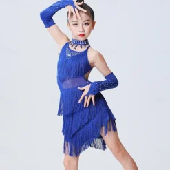Latin Dance Dress Tassel Side Draping Ruching Girls' Performance Training Sleeveless Polyester