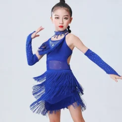 Latin Dance Dress Tassel Side Draping Ruching Girls' Performance Training Sleeveless Polyester