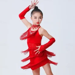 Latin Dance Dress Tassel Side Draping Ruching Girls' Performance Training Sleeveless Polyester