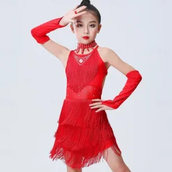 Latin Dance Dress Tassel Side Draping Ruching Girls' Performance Training Sleeveless Polyester