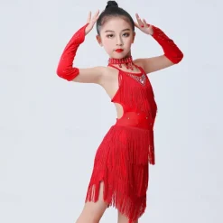 Latin Dance Dress Tassel Side Draping Ruching Girls' Performance Training Sleeveless Polyester