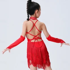 Latin Dance Dress Tassel Side Draping Ruching Girls' Performance Training Sleeveless Polyester