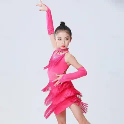 Latin Dance Dress Tassel Side Draping Ruching Girls' Performance Training Sleeveless Polyester