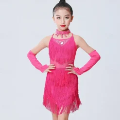 Latin Dance Dress Tassel Side Draping Ruching Girls' Performance Training Sleeveless Polyester