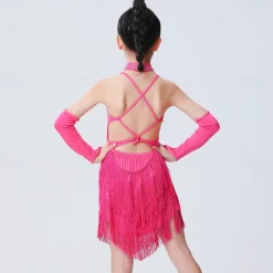 Latin Dance Dress Tassel Side Draping Ruching Girls' Performance Training Sleeveless Polyester