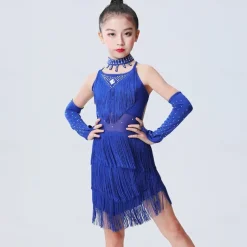 Latin Dance Dress Tassel Side Draping Ruching Girls' Performance Training Sleeveless Polyester