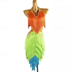 Latin Dance Dress Tassel Splicing Crystals / Rhinestones Women's Performance Training Sleeveless Chinlon Spandex