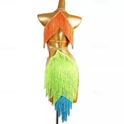 Latin Dance Dress Tassel Splicing Crystals / Rhinestones Women's Performance Training Sleeveless Chinlon Spandex