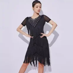 Latin Dance Dress Tassel Splicing Crystals / Rhinestones Women's Performance Training Short Sleeve Mesh Milk Fiber