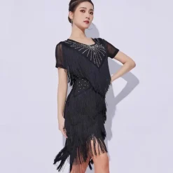Latin Dance Dress Tassel Splicing Crystals / Rhinestones Women's Performance Training Short Sleeve Mesh Milk Fiber