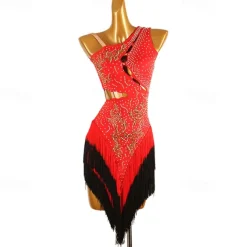 Latin Dance Dress Tassel Splicing Crystals / Rhinestones Women's Performance Training Sleeveless Chinlon Spandex