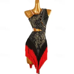 Latin Dance Dress Tassel Splicing Crystals / Rhinestones Women's Performance Training Sleeveless Chinlon Spandex