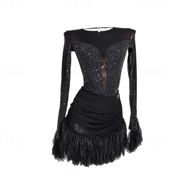 Latin Dance Exotic Dancewear Latin Salsa Dance Dress Glitter Women's Performance Daily Wear Long Sleeve Tulle