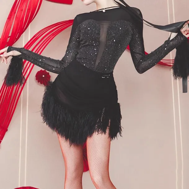 Latin Dance Exotic Dancewear Latin Salsa Dance Dress Glitter Women's Performance Daily Wear Long Sleeve Tulle