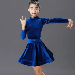Latin Dance Kids' Dancewear Dress Pleats Pure Color Splicing Girls' Performance Training Long Sleeve Polyester Velvet