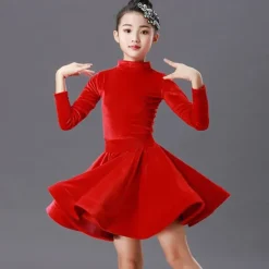 Latin Dance Kids' Dancewear Dress Pleats Pure Color Splicing Girls' Performance Training Long Sleeve Polyester Velvet